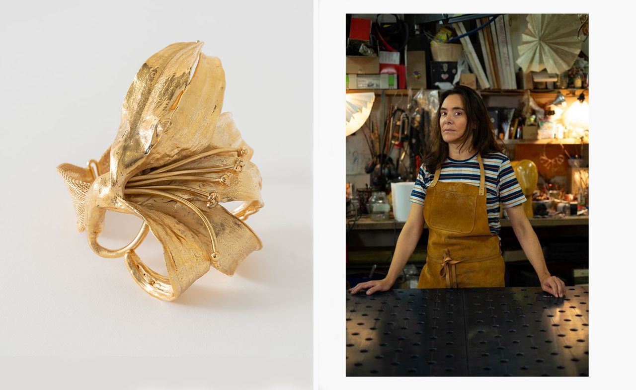 gold jewellery in the shape of a flower; and artist Julie Hamisky