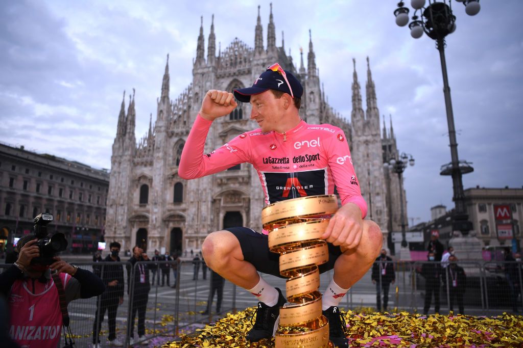 MILANO ITALY OCTOBER 25 Podium Tao Geoghegan Hart of The United Kingdom and Team INEOS Grenadiers Pink Leader Jersey Celebration Trofeo Senza Fine Trophy Duomo di Milano Milan Cathedral during the 103rd Giro dItalia 2020 Stage 21 a 157km Individual time trial from Cernusco sul Naviglio to Milano ITT girodiitalia Giro on October 25 2020 in Milano Italy Photo by Tim de WaeleGetty Images