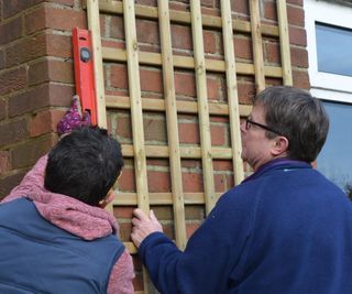 Two people choosing the site for a wall-mounted trellis