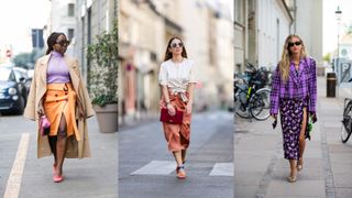Street style influencers wearing midi skirts and blouses for what to wear to a wedding