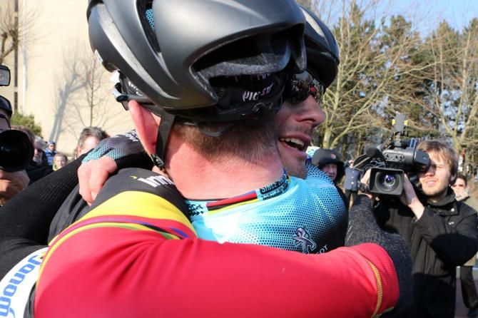 Belgian champion Tom Boonen and teammate Mark Cavendish have plenty to celebrate with the Manxman winning stage 2 in Koksijde.