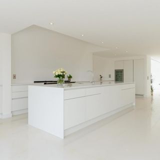 kitchen area with white wall and flower with glass on kitchen worktop