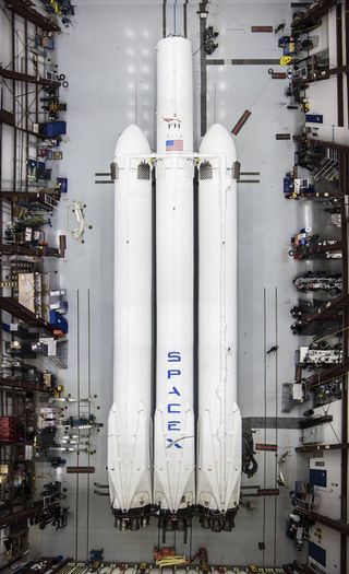 SpaceX's first Falcon Heavy rocket, a massive heavy-lift launch vehicle, is seen during assembly ahead of its first test flight from Pad 39A of NASA's Kennedy Space Center in Cape Canaveral, Florida. The rocket's first flight is expected in January 2018.