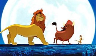 The Lion King Simba, Pumbaa, and Timon walking on a log