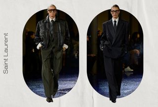 A white background with two ovals filled with runway images from the Saint Laurent S/S 25 show. Text on the left side says "Saint Laurent."