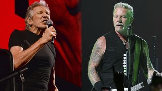 LEFT: Roger Waters performs on stage at The O2 Arena during the 'This is Not A Drill' tour, on June 06, 2023 in London, England RIGHT: James Hetfield of Metallica performs onstage at SoFi Stadium on August 25, 2023 in Inglewood, California.