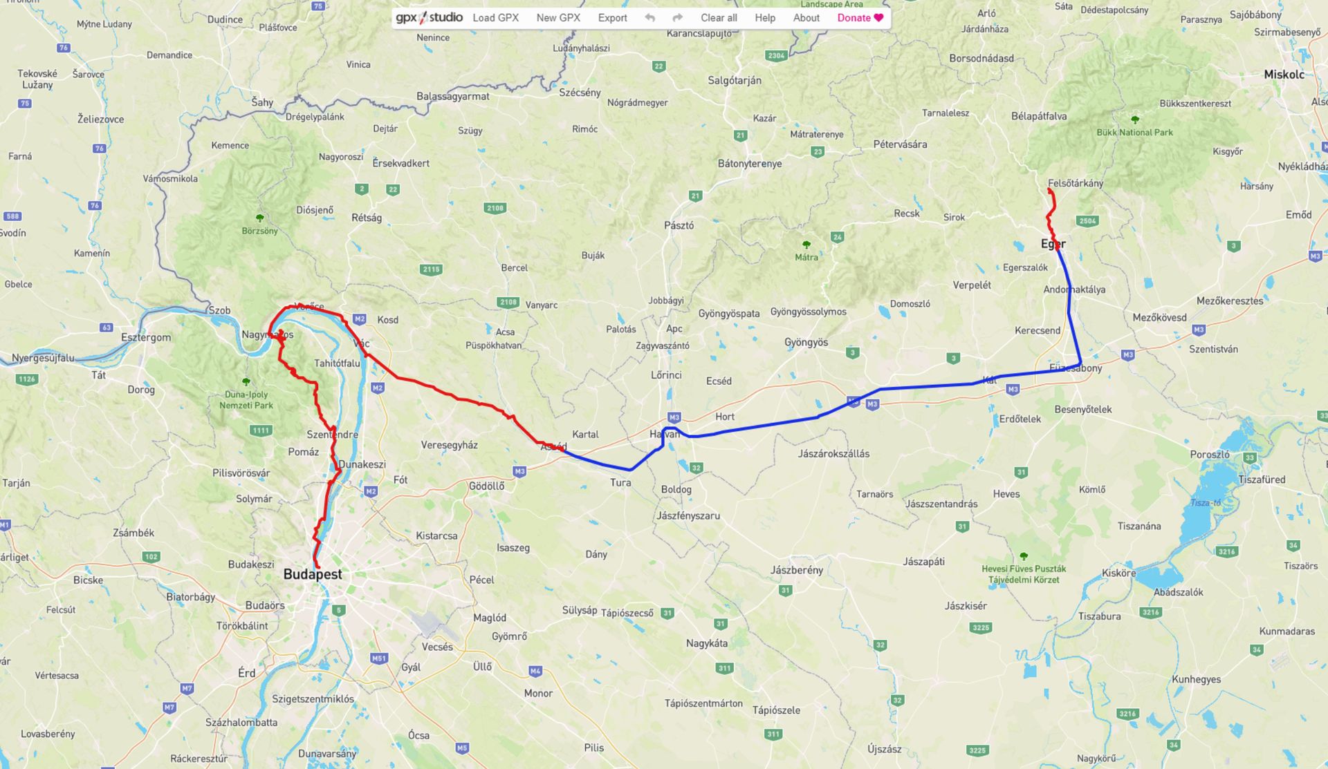 Image shows the route on day 1 from Budapest to Eger.