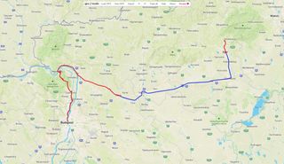 Image shows the route on day 1 from Budapest to Eger.