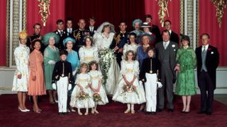 The Prince and Princess of Wales with their families at Buckingham Palace after their marriage at Westminster Abbey.