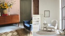 Two color ideas to paint a small living room. Pastel pink living room on left with moss green door, white living room on right with rustic doors and arm chair set on round cream rug