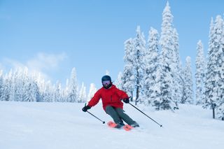 A person in a red jacket skiing down the mountain