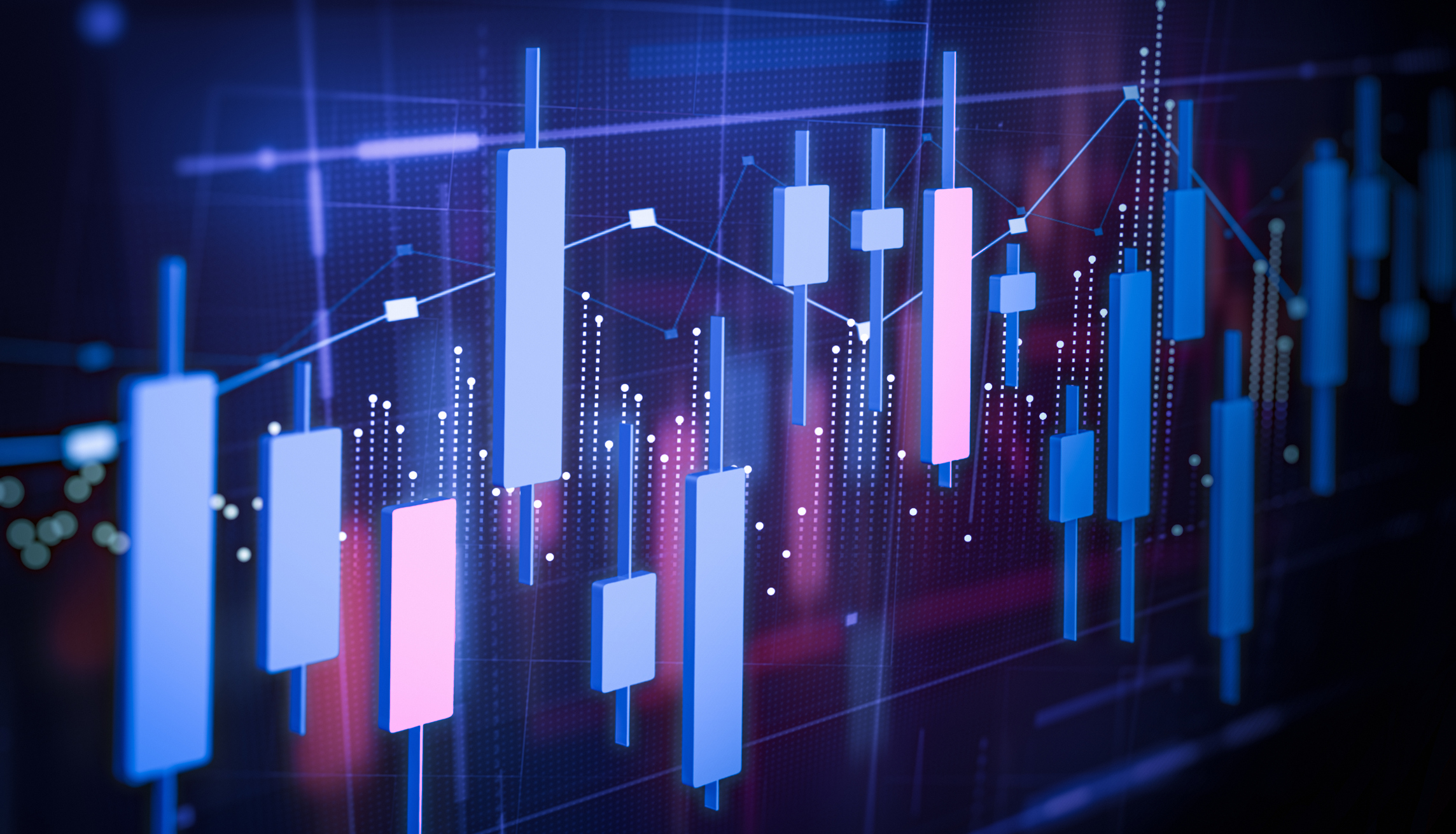 Futuristic financial market data visualization with candlestick chart, price movement and trend line on a glowing digital interface