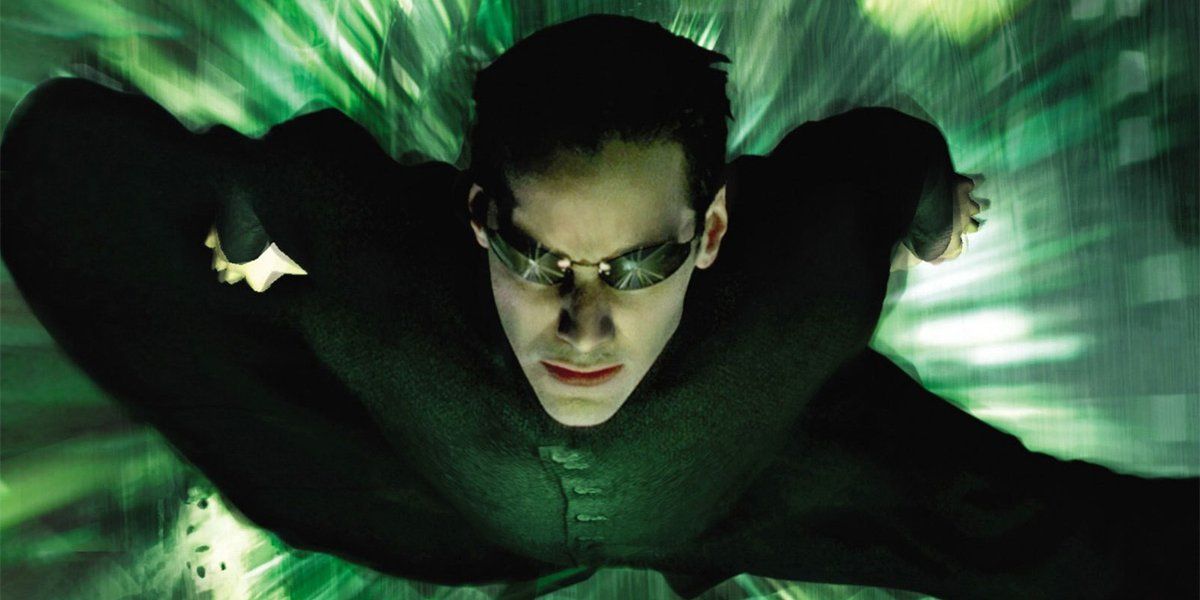 Keanu Reeves flying in the air in The Matrix Revolutions.