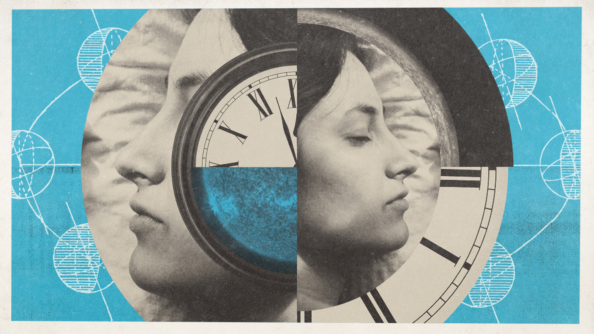Photo collage illustration of a woman sleeping, a clock face, the Sun and diagram of Earth's orbit around the Sun
