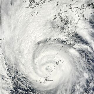 NASA's Terra satellite captured this image of Typhoon Sanba when it struck Japan yesterday (Sept. 16), boasting winds of up to 127 mph (205 mph).