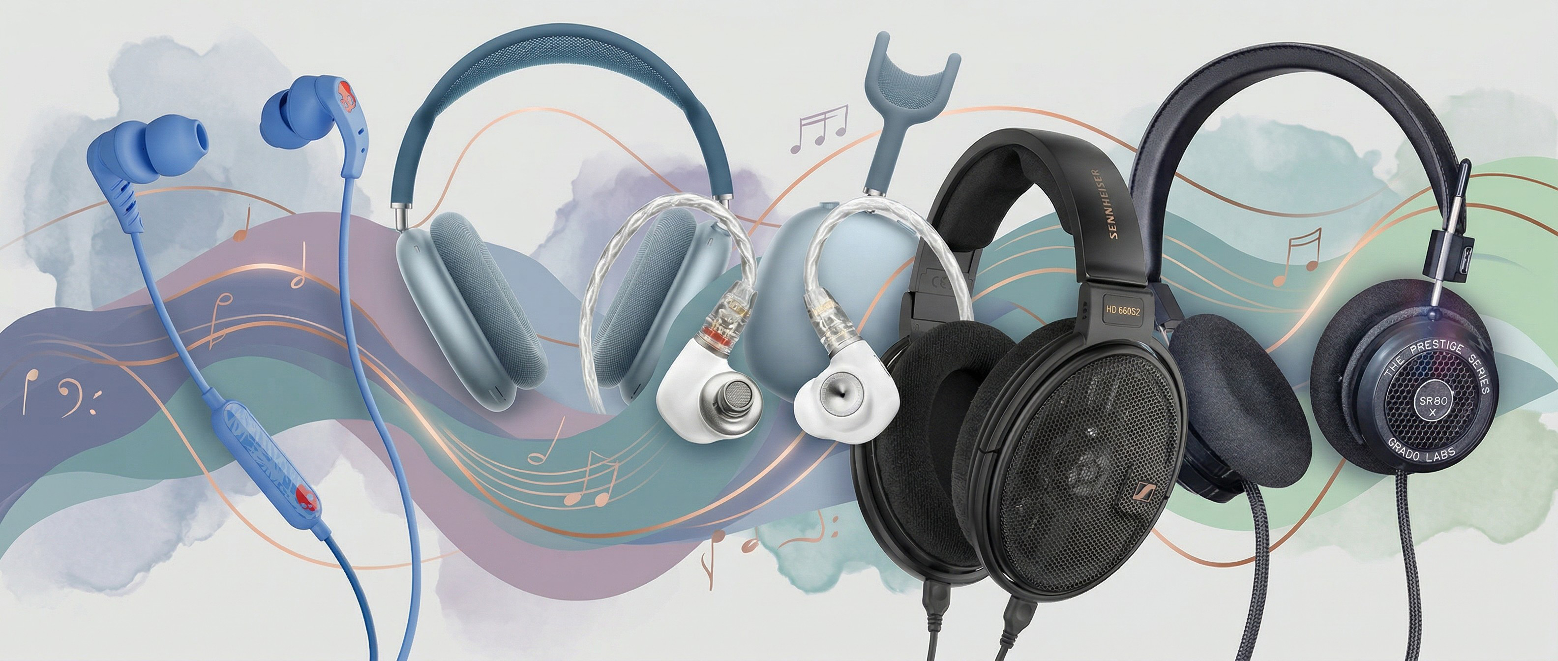 Selection of corded headphones, with swirly music themed background