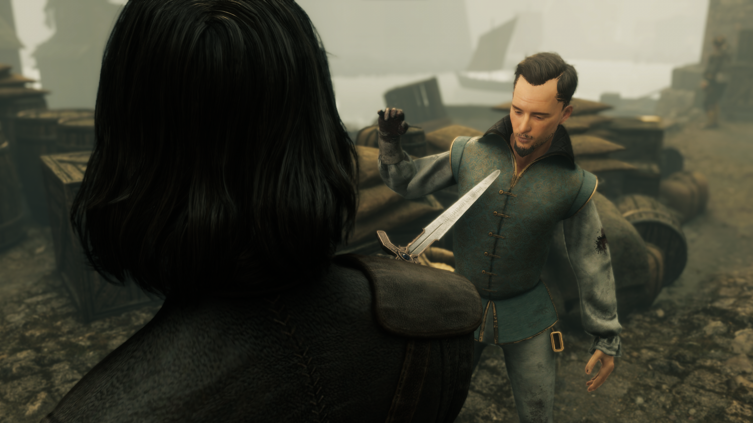 The Inquisitor review image showing Mordimer holding a sword to a man's throat.