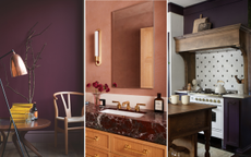 A trio of images: A living space with a wooden chair and walls painted in a deep plum color, a bathroom with pink walls and with a deep purple vanity, and a kitchen with cabinets painted an aubergine color