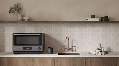 The Panasonic Japanese Microwave on a countertop next to a sink
