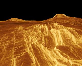 A computer-generated view of the surface of Venus, based on Magellan radar data and showing two volcanoes, 3km-tall Gula Mons on the right and 2km-high Sif Mons on the left.