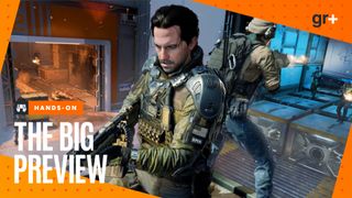 Two military characters stand back to back in a Call of Duty Black Ops 7 map firing on approaching squads of enemies, with the GamesRadar+ Big Preview orange frame