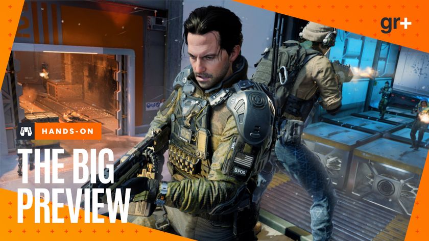 Two military characters stand back to back in a Call of Duty Black Ops 7 map firing on approaching squads of enemies, with the GamesRadar+ Big Preview orange frame