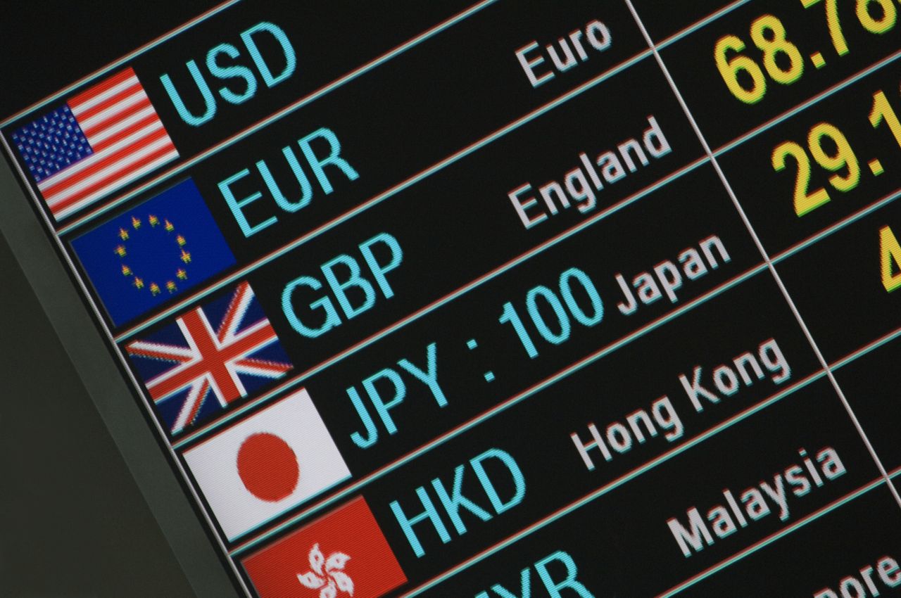 Currency Exchange Board in Airport shows USD, EUR, GBP, JPY and HKD