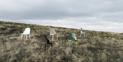 Selection of 5 chairs displayed on grass