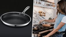 A split screen collage. To left, the HexClad (one of the best non-stick frying pans), and to right, a lifestyle image of Hailey Bieber using it in her kitchen