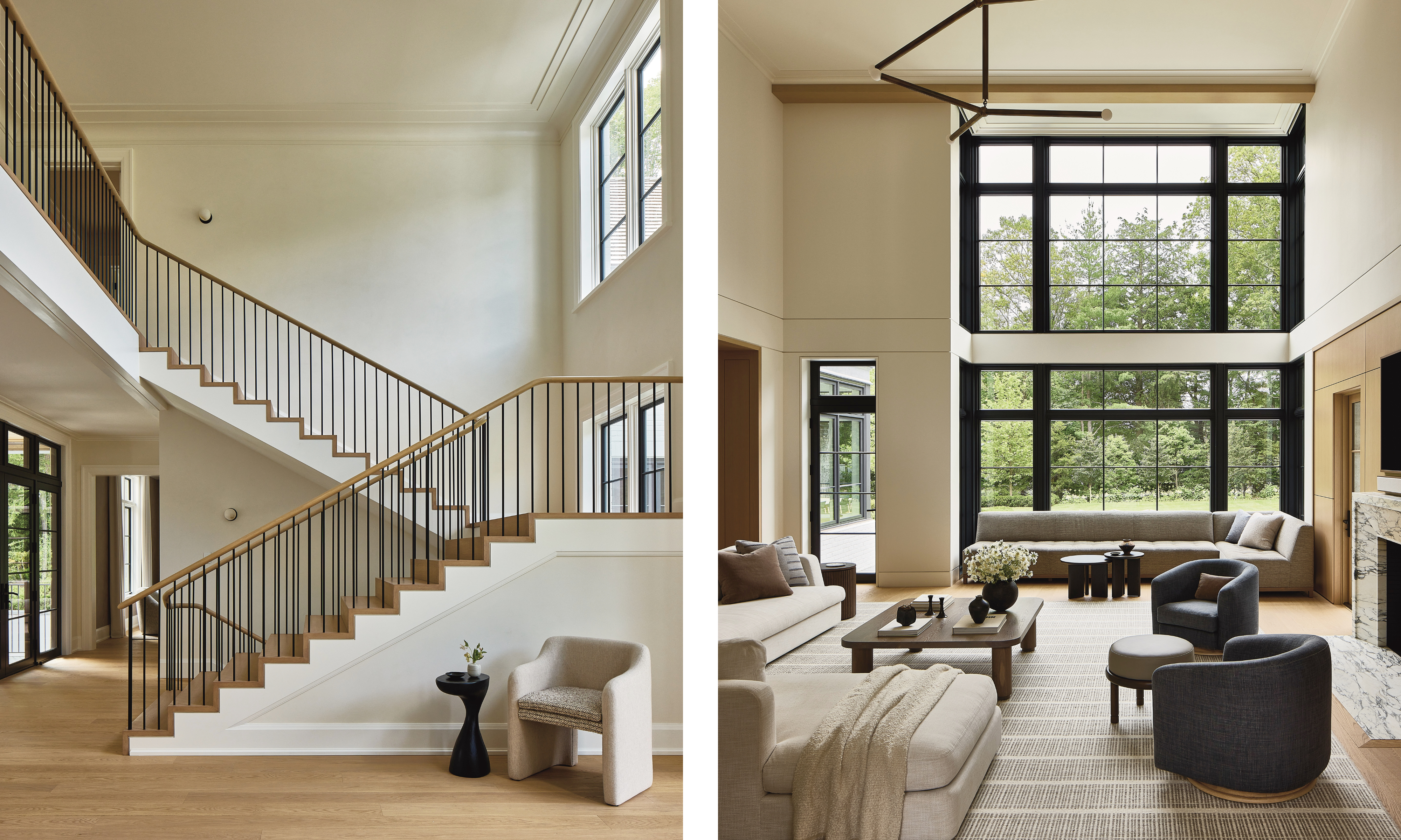A split image of a New England home; a floating staircase, and a double-height living room with neutral furniture.