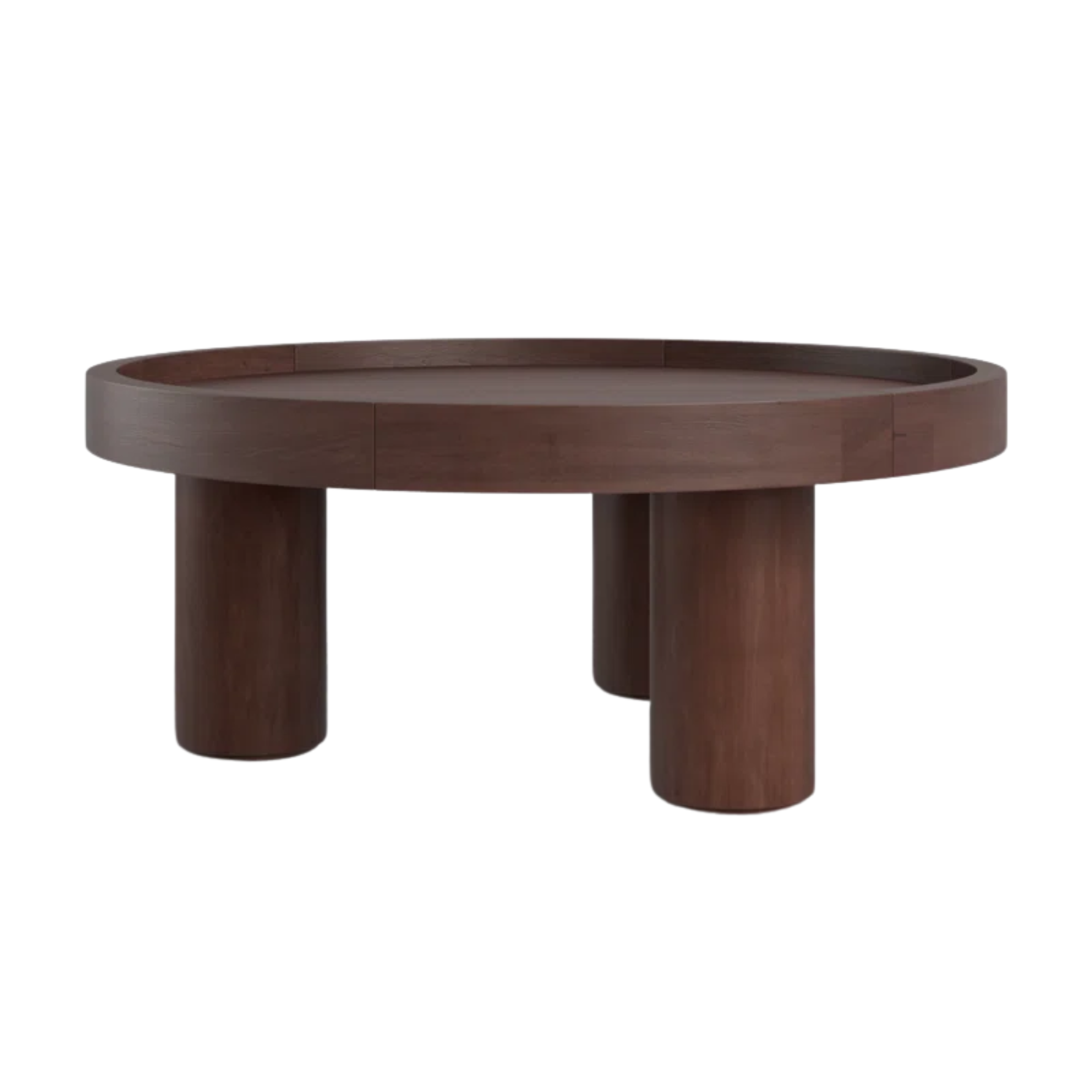 round dark brown wooden coffee table with three legs