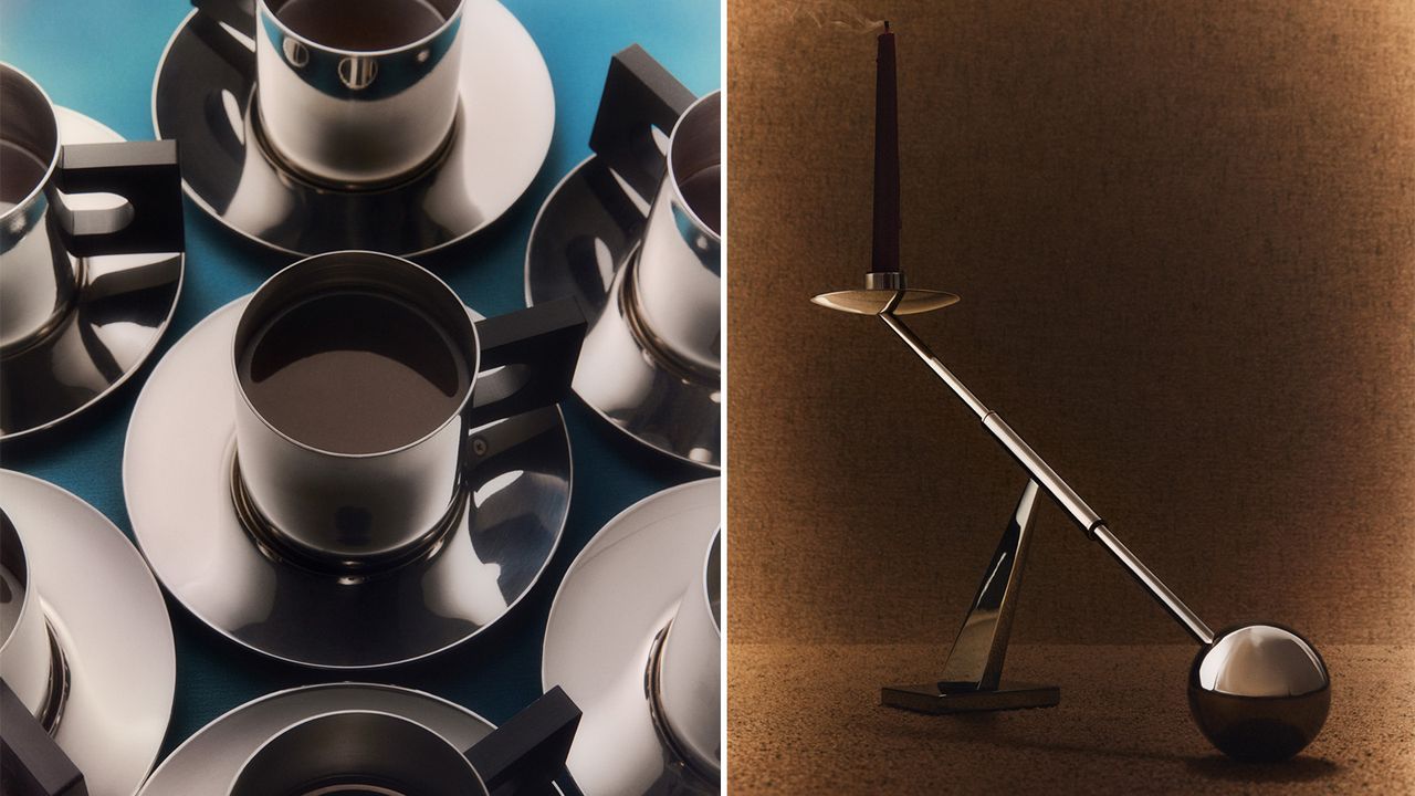 shiny tableware - metal coffee cups and saucers and a see-saw-like candleholder