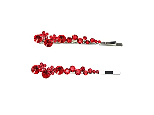 Faship a Pair of Red Premium Rhinestone Crystal Floral Hair Clips Pins 2 Pcs