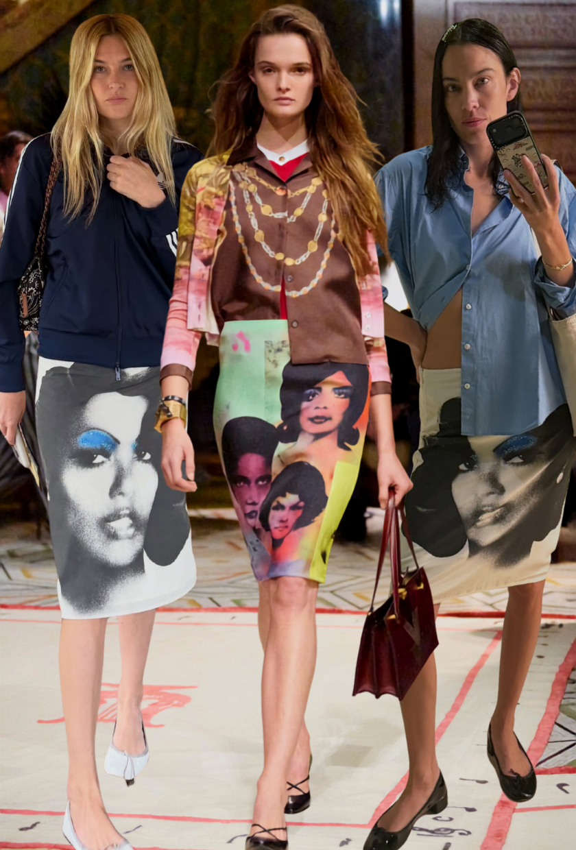 A collage of the face skirt trend, one of the key printed skirt trends for autumn 2026.