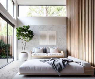 large bedroom with platform bed, wooden panelling on rear wall, marble panelling on side wall and large patio doors and high level windows