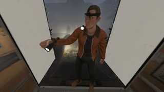 A player character in Phasmophobia standing in the truck, holding a flashlight and other ghost hunting gear.