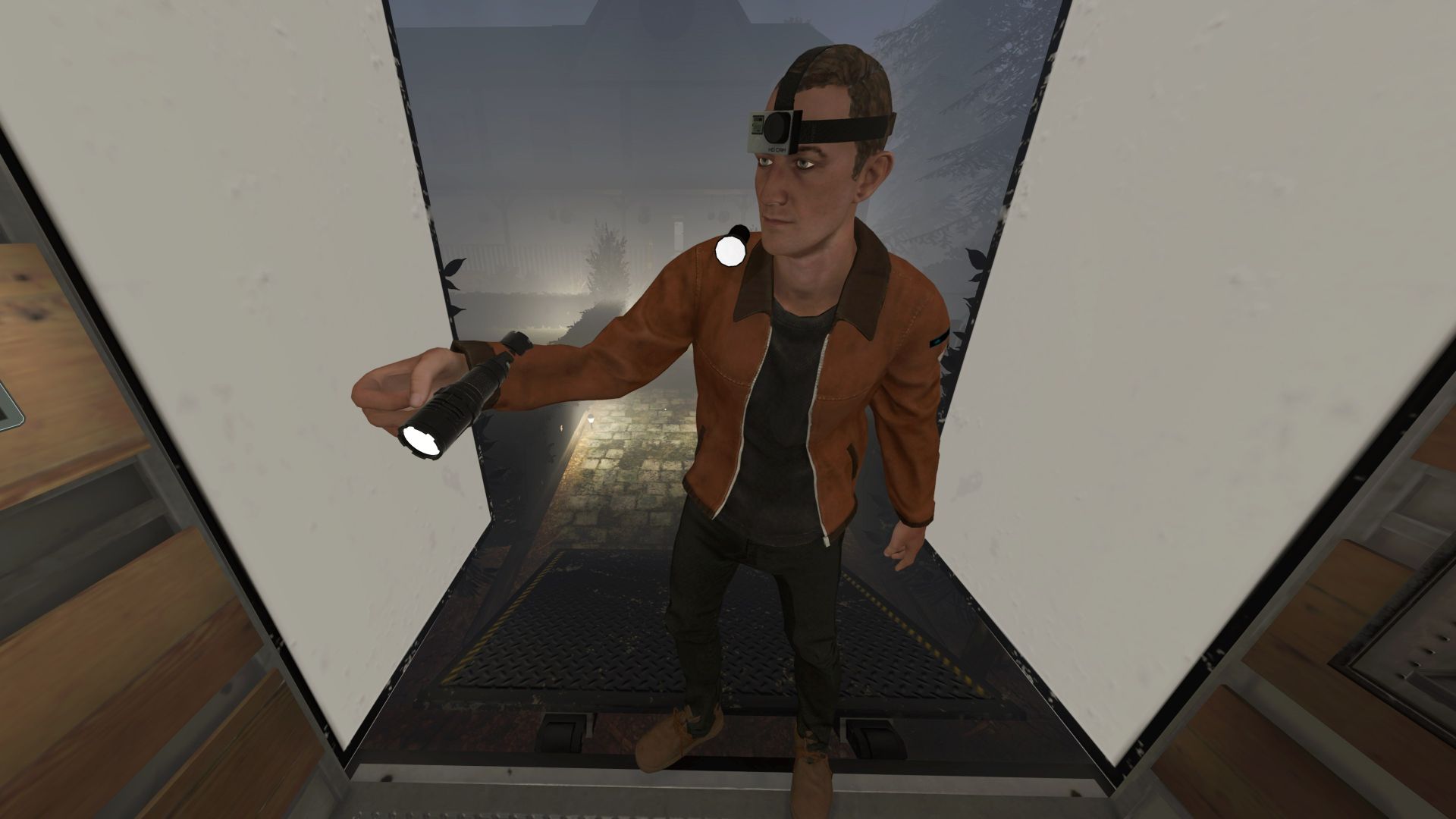 A player character in Phasmophobia standing in the truck, holding a flashlight and other ghost hunting gear.