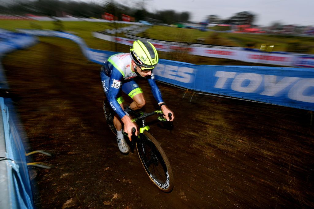 HOOGERHEIDE NETHERLANDS JANUARY 23 Quinten Hermans of Belgium and Tormans Cyclo Cross Team competes during the 32nd GP Adrie Van der Poel Hoogerheide UCI CycloCross Worldcup 2022 Mens Elite CXWorldCup on January 23 2022 in Hoogerheide Netherlands Photo by Luc ClaessenGetty Images