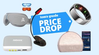 A college of sleep tech including Bob and Brad eye massager, Jabees Peace speaker, Hatch Restore 3, Oura Ring 3 and BonCharge red light clip