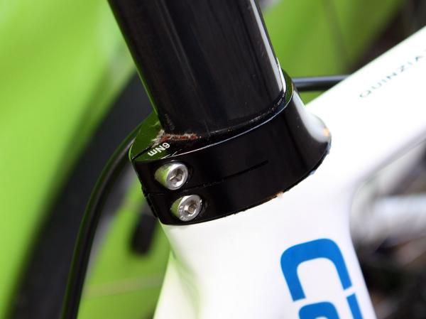 Liquigas mechanics have jammed in a bit of extra material to keep the seatposts from slipping.