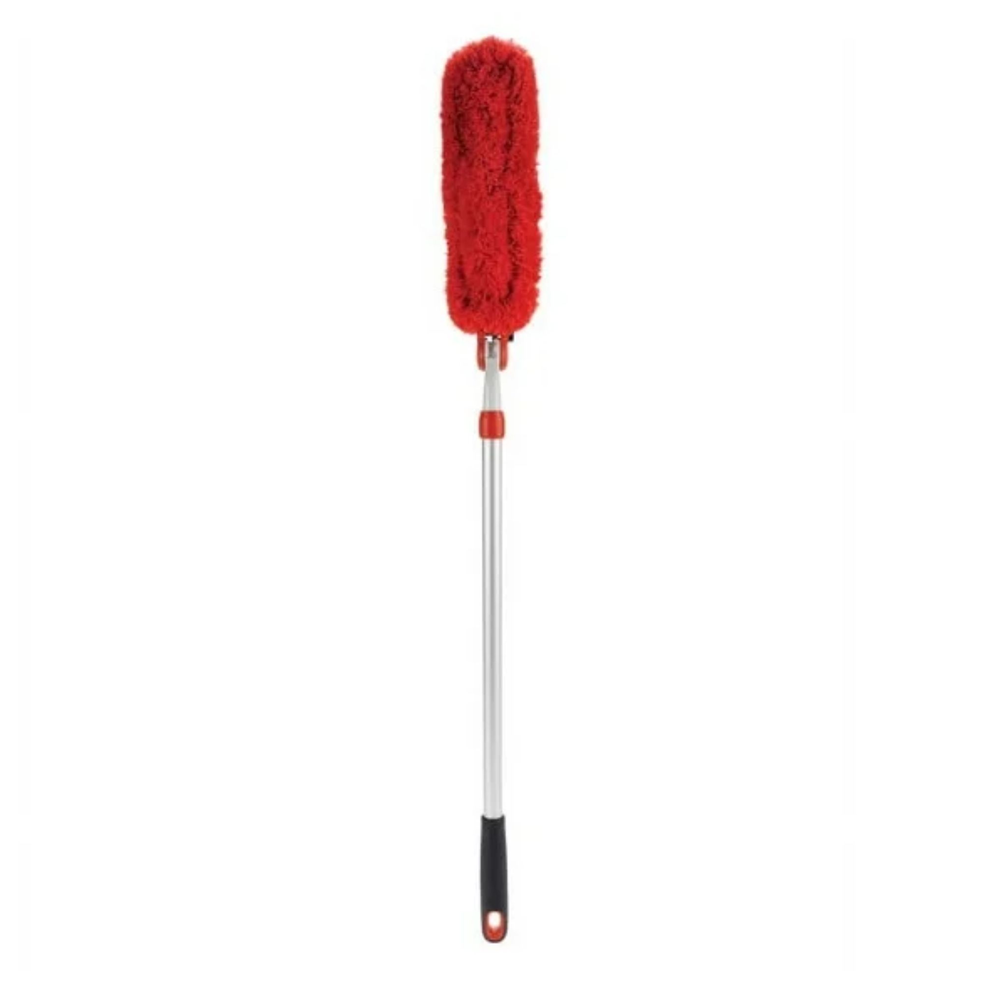 A red microfiber duster on a silver extendable handle