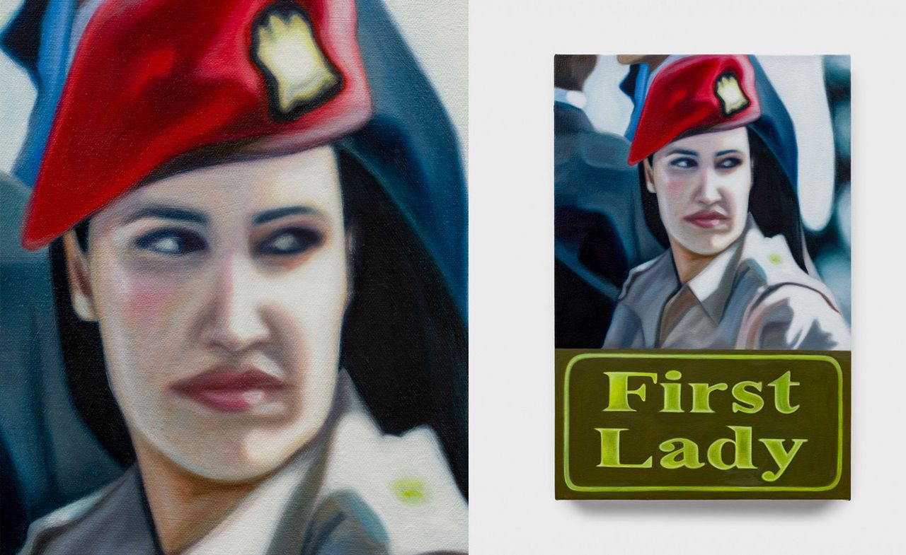 Artwork of woman in army cap, with words &#039;First Lady’