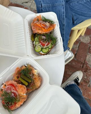 Bagels with cucumber, dill, and lox.