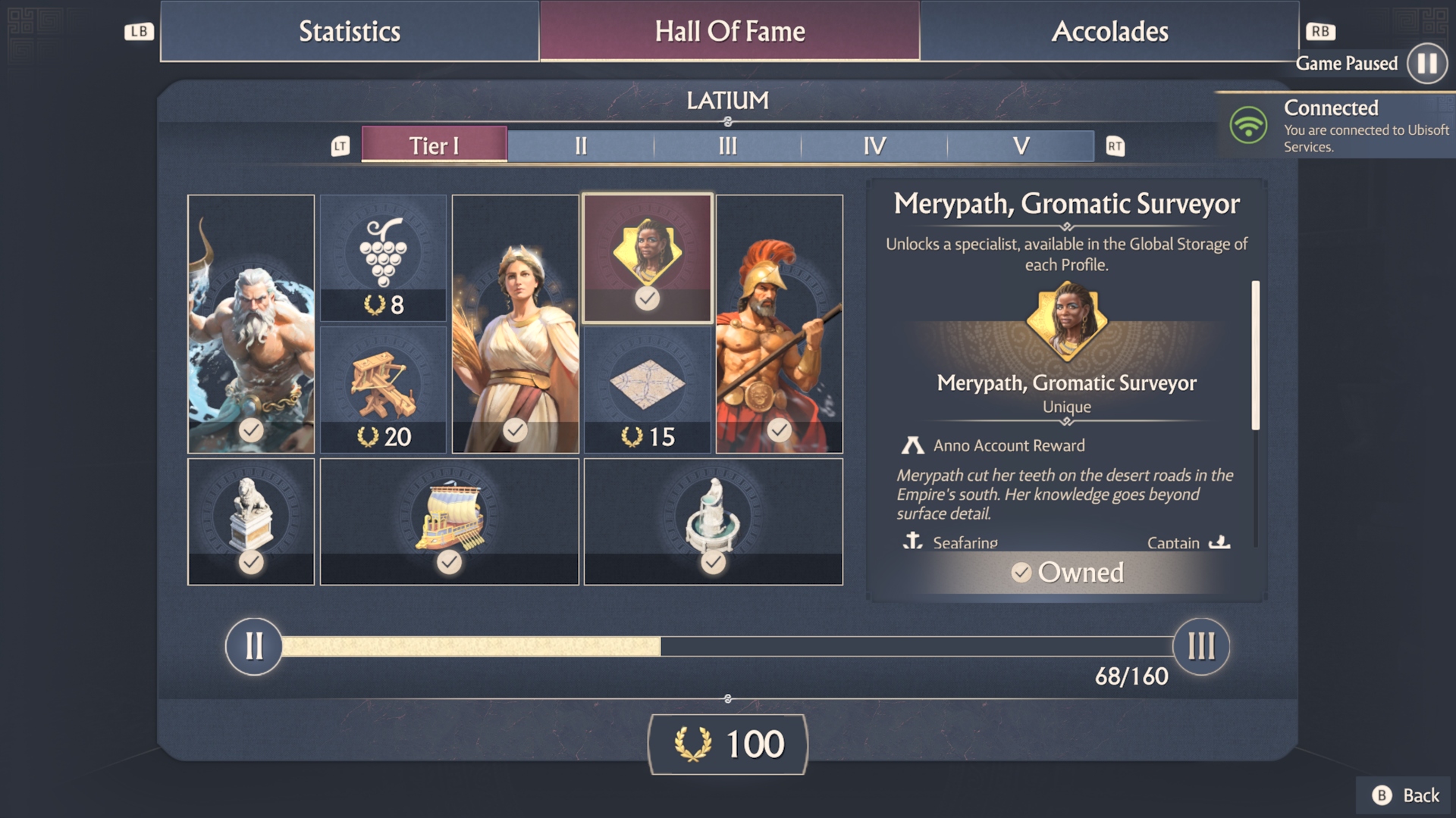 The Hall of Fame menu in Anno 117 Pax Romana
