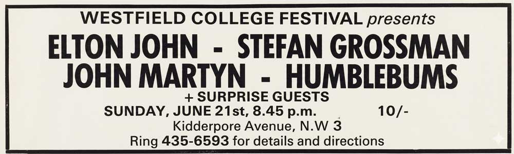A press ad for Elton John and the Humblebums at Westfield College