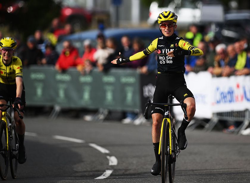 LE MONT LOZERE, FRANCE - SEPTEMBER 13: Marion Bunel of France and Team Visma | Lease a Bike celebrates at finish line as stage winner during the 23rd Tour Cycliste Feminin International de l&#039;Ardeche 2025, Stage 5 a 125.8km stage from Mende to Le Mont Lozere on September 13, 2025 in Le Mont Lozere, France. (Photo by Alex Broadway/Getty Images)