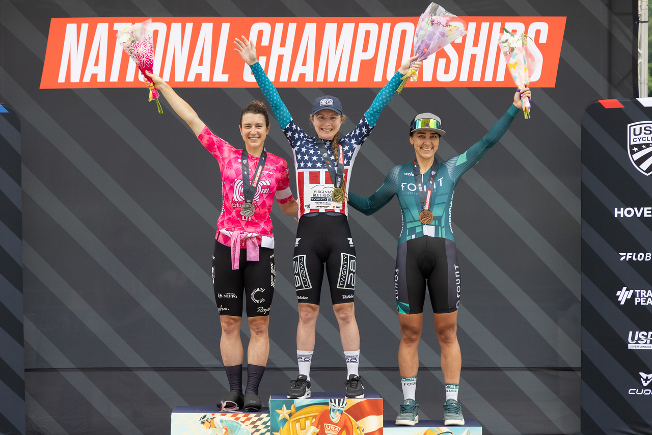 Elite women's time trial podium at 2025 USA Cycling Pro Road National Championships, Emily Ehrlich in the stars-and-stripes jersey