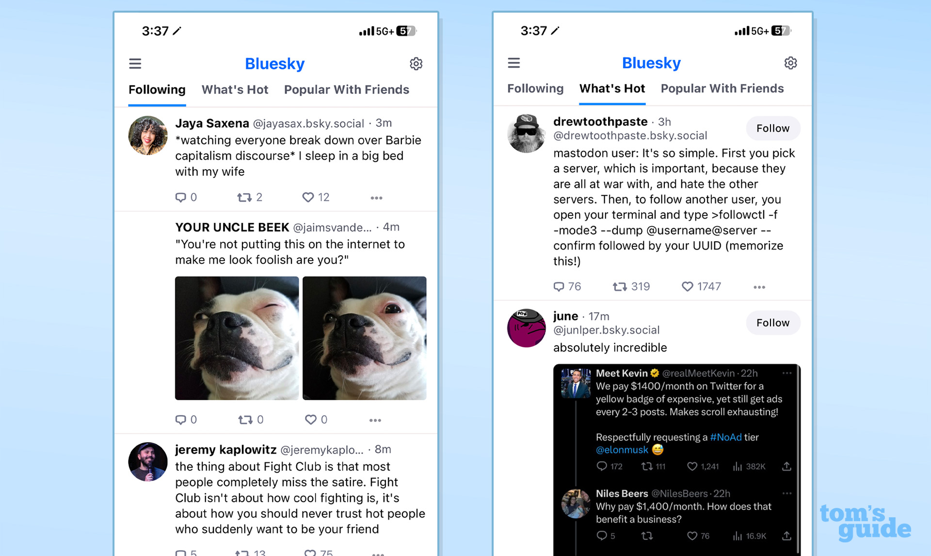 Screenshots des Startbildschirms der Bluesky-App und der Seite „Was ist aktuell“.