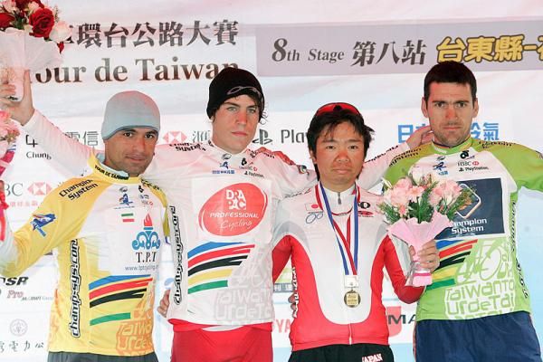 Stage 8 podium (l-r): Mehdi Sohrabi, overall leader; Adam Phelan, best young rider; Taiji Nishitani, stage winner; and Mart Ojavee, points leader.