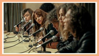 When are 'Daisy Jones & the Six' new episodes? Pictured: Josh Whitehouse (Eddie Roundtree), Sebastian Chacon (Warren Rojas), Riley Keough (Daisy Jones), Will Harrison (Graham Dunne), Suki Waterhouse (Karen Sirko), Sam Claflin (Billy Dunne)